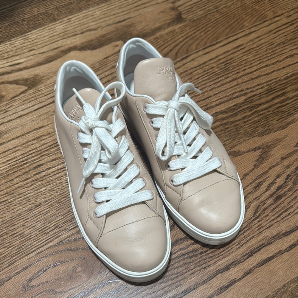 Prada Cream Leather Sneakers with White Laces